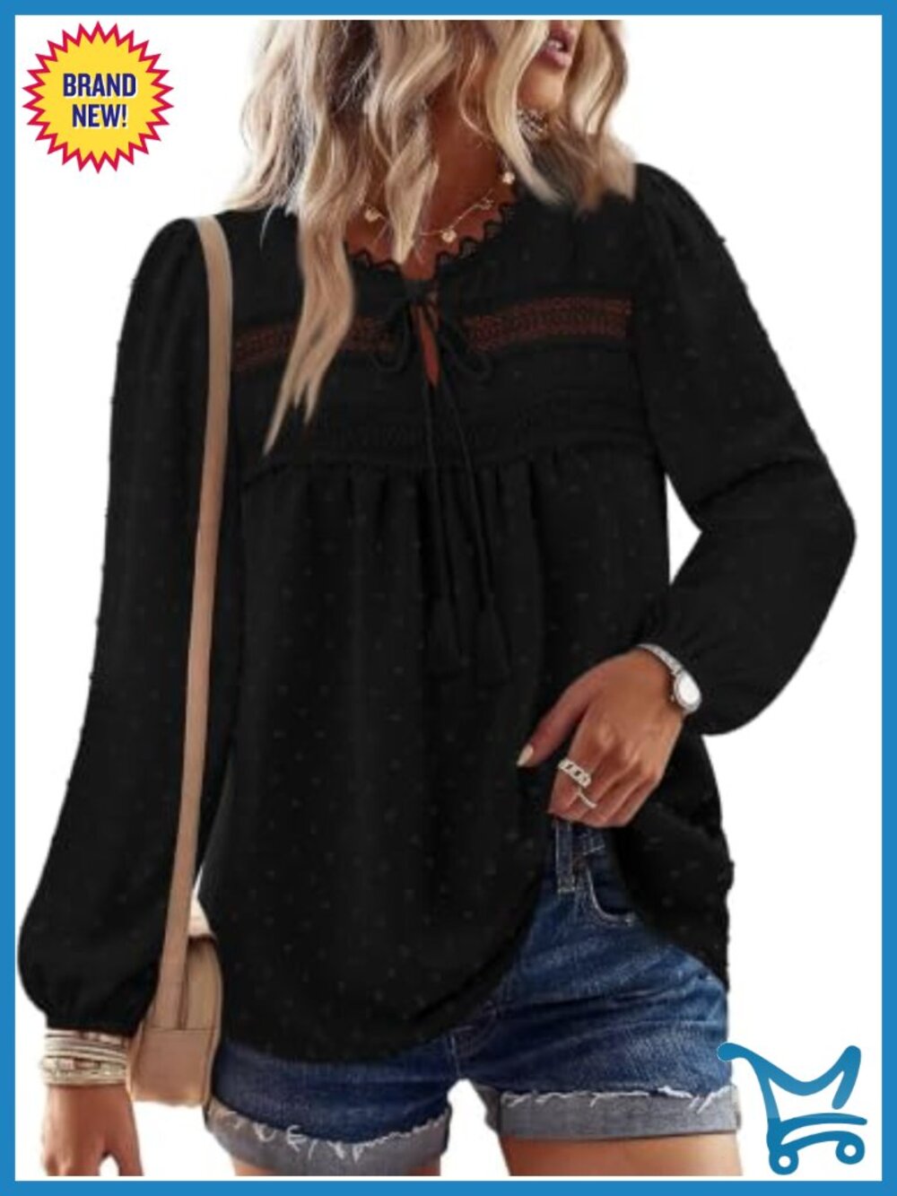 Long Sleeve Swiss Dot Lace Boho Peasant Blouse Trendy Flowy Tunic Top